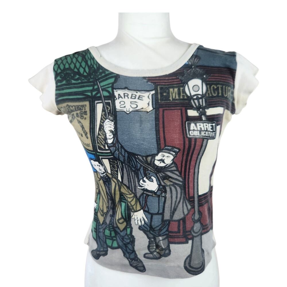 Vintage Distressed French Street Scene Cotton Tee Medium People Art City Grunge